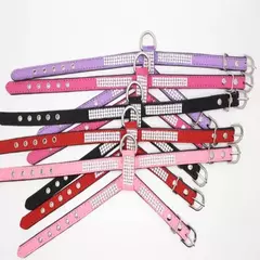 Coleira para cães, cinta peitoral ajustável, produtos para animais de estimação, coleira para cães, liberação rápida, brilhante, em forma de k, strass, couro pu - loja online