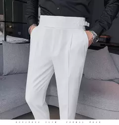 Homens estilo britânico ternos calças novo masculino sólido calças de cintura alta alta qualidade formal magro ajuste negócio casual terno calças - Wolf Magazine