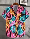 Camisa masculina de lapela estampa estilo néon, camisa casual de manga curta com botão, roupas masculinas, streetwear havaiano, verão