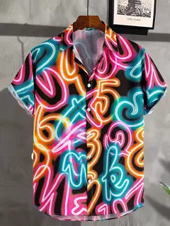 Camisa masculina de lapela estampa estilo néon, camisa casual de manga curta com botão, roupas masculinas, streetwear havaiano, verão