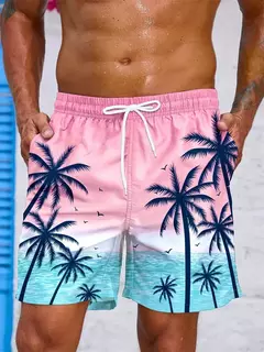 Imagem do Calções gráficos de palma estampados em 3D masculino, calção de gelo solto, planta vintage, verão, calção de natação respirável havaiano