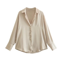 PB & ZA-Camisa feminina de textura cetim de seda, casual e versátil, nova moda, primavera, 2022 - loja online