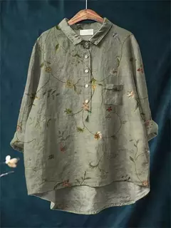 Sardinha de peixe retrô casual feminina arte camisa de bolso manga longa, camisas estampadas estilo havaiano, tops com gola v, verão na internet