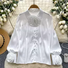 Imagem do Elegante cetim tridimensional flor manga longa lapela blusa chique vintage moda colheita topo feminino camisas de outono roupas