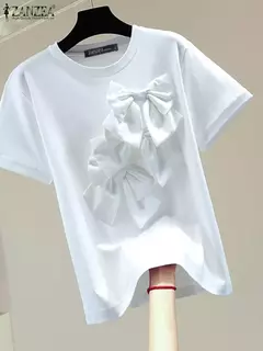 ZANZEA-Camisetas de manga curta femininas, streetwear gola O, blusa de viagem diária, tops casuais, detalhe com laço solto, moda verão, 2024 - comprar online