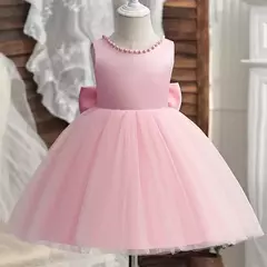 Vestido de tule sem costas para bebé com laço grande e pérolas, 1 ° vestido de aniversário, princesa infantil, vestido baptizado, 1 a 5 anos na internet