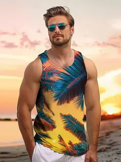 Tops soltos estilo havaiano masculino, colete de férias lazer, viagem ao ar livre, confortável, casual, estampa do sol