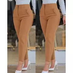 Calça feminina com várias cores, calça casual monocromática, bolso e zíper, combina com tudo, senhora do escritório, moda elegante, verão