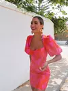 Vestido feminino com estampa floral sem costas Mini vestido, elegante com gola quadrada, Puff mangas curtas, vestido fino, Lady Chic Party Dresses, Sexy, 2024