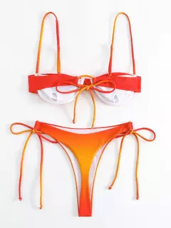 Fato de banho plissado com cordão feminino, biquínis arco, maiô sexy, banhista, conjunto de biquíni gradiente, moda verão, 2 peças