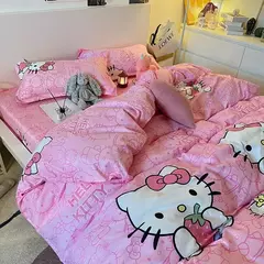 Imagem do Olá Kitty Queen Size Conjunto de cama, colcha, folha plana e fronhas, Pink Princess Dorm Suit, desenhos animados bonitos, 4 pcs por conjunto