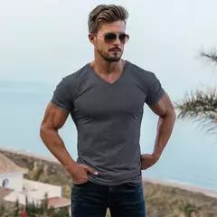 Camiseta de manga curta para musculação masculina, camiseta esportiva, roupa de algodão, gola V, respirável, ginástica, fitness, treino, verão - loja online