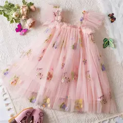 Vestido de malha bordado feminino, Alça de fada, Asas de arco traseiro, Princesa, Aniversário, Doces Bebés, Verão - loja online