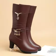 Botas médias de lã confortáveis para mulheres, salto grosso, zíper lateral, - Wolf Magazine