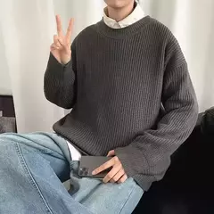 Pulôver de gola redonda de cor sólida masculino, suéter de malha casual, maca - loja online
