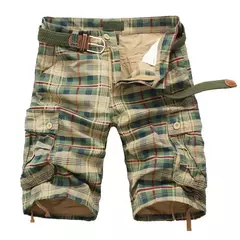 Shorts de praia xadrez casual masculino, calça curta militar, bermuda masculina, macacão de carga, sem cinto, moda, verão, 2024 - loja online