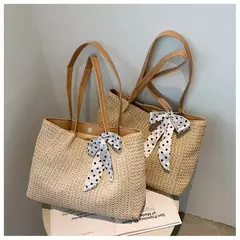 Bolsa de tecido palha casual feminina, cachecol de seda, laço, bolsa de praia, grande capacidade, portátil, sacola para senhora, nova, 1 ombro, verão