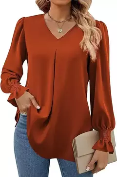 Nova camisa feminina de chiffon de cor sólida com decote em v pulôver queimado manga comprida camisa superior senhora do escritório elegante cáqui blusas soltas