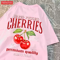 Camisetas femininas de estampa de cereja colhidas a mão, camisetas de algodão, gola redonda grande, manga curta macia, roupas femininas de rua, moda - Wolf Magazine