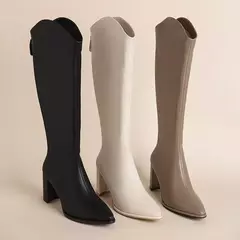 Botas de joelho com zíper alto para mulheres, salto alto grosso, simples, plus size, 34-43, outono, inverno, novo na internet