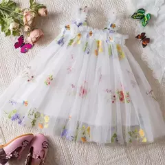 Vestido de malha bordado feminino, Alça de fada, Asas de arco traseiro, Princesa, Aniversário, Doces Bebés, Verão - loja online