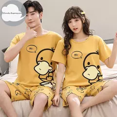 Desenhos animados pato impressão pijama conjuntos para jovens amantes, pijamas de algodão, ternos curtos para casais, moda homewear, verão, 4XL - comprar online