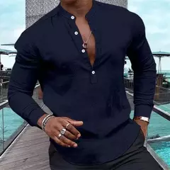 Cardigã meio monocromático de manga comprida masculino, blusa com gola Henley, camisa rosa casual, férias havaianas, verão, 2023 - loja online