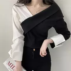 Mulheres Vintage manga comprida decote em v contraste Patchwork camisas, Tops senhoras, roupas de outono, moda Streetwear - comprar online