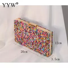 Bolsa acrílica com fecho interligado para menina, bolsa do casamento, pedra multicolorida, corrente de metal, crossbody, ombro, noite, difícil