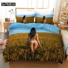3D Digital Bikini Conjunto de Cama, Capa de Edredão e Fronha, Estilo Popular, Sem Padding, Sem Folha, Rainha Conjunto de cama, 2 PCs, 3 PCs