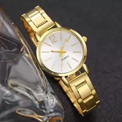 Relógio de quartzo em aço inoxidável feminino, bracelete de amor simples, moda casual, estilo de uso, conjunto 2 peças