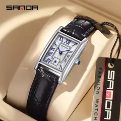 SANDA-relógio de couro com mostrador retangular para mulheres, marca superior, design de moda, design elegante, resistente à água, quartzo, movimento, vestido de negócios, novo, quente