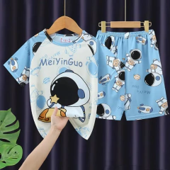 Verão novas crianças pijamas de seda leite mangas curtas em torno do pescoço meninos meninas ar condicionado roupas para casa 8-18 polegadas na internet