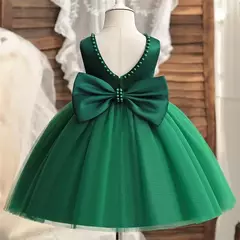 Vestido de tule sem costas para bebé com laço grande e pérolas, 1 ° vestido de aniversário, princesa infantil, vestido baptizado, 1 a 5 anos