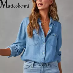 Imagem do Camisa jeans fina de peito único feminina, bolso de emenda, manga longa, tops de lapela, confortável, blusa casual para mulheres, outono