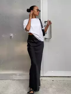 Mulheres cetim saia trompete preta, cintura alta, fina, longa, monocromática, elegante, escritório, feminina, moda, primavera, verão - Wolf Magazine