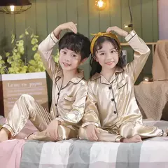 Imagem do Conjunto de pijamas de cetim de seda infantil pijamas de bebê pijamas pijamas cor sólida, terno infantil, meninos, meninas, outono