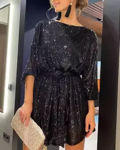 Imagem do Vestido frisado espumante feminino, Temperamento, Elegante, Sexy, Lantejoulas, Tarde, Festa, Coquetel, Feriado, Moda, Novo, 2024