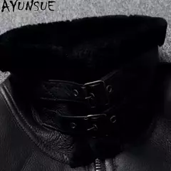 AYUNSUE-Jaqueta bomber de couro genuíno masculina, casacos pretos, roupas grandes, pele de carneiro natural, inverno na internet