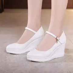 sapato de couro de alta qualidade para mulheres 7cm de cunha plataforma de salto alto dedo do pé redondo 32 33 42 43 elegante e sapato de moda branco vermelho preto - Wolf Magazine