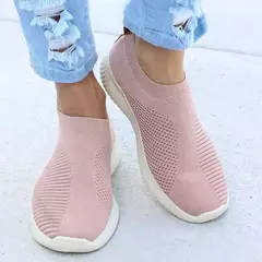 Imagem do 2024 novos sapatos casuais moda tênis para mulheres andando cor sólida tênis feminino deslizamento em meia senhoras sapatos planos mulher