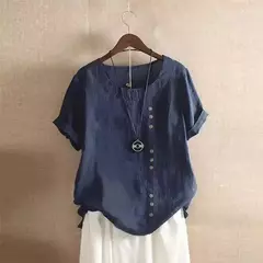 Top feminino de algodão e linho verão casual solto botão manga curta cor sólida pulôver blusa femme blusas - loja online