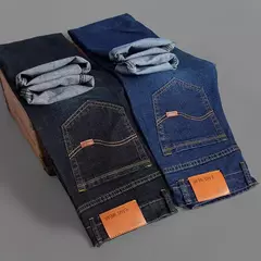 Homens de negócios calças jeans retro clássico denim calças casuais estiramento luxo jeans moda masculina denim pant homme