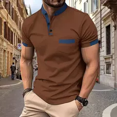 Camisa polo esportiva casual masculina, monocromática, com gola alta, tecido diagonal, camisa de Henry, verão, 2024 - loja online