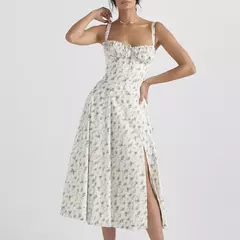 Vestido de verão estampado floral, Laço frontal feminino, Gola quadrada, Vestido de coxa dividido, Cinta de praia, Vestido de noite, Novo - comprar online