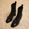 Botas de malha para mulheres, botas curtas de emagrecimento, sapatos de salto grosso, decoração metálica, moda feminina, outono, inverno