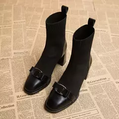 Botas de malha para mulheres, botas curtas de emagrecimento, sapatos de salto grosso, decoração metálica, moda feminina, outono, inverno