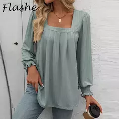 Camiseta feminina casual de manga comprida com gola quadrada, mangas folhada, design plissado, tops de pulôver, camisetas na moda