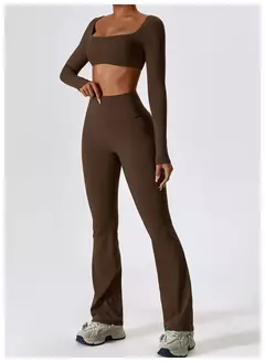 Terno esportivo de manga comprida para mulheres, conjunto de ioga fitness, roupas de ginástica, roupas esportivas femininas, camisa de corrida, 2 peças