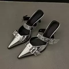 Fivela punk gótica de metal salto alto para mulheres, dedo apontado, sapatos prateados, sandálias de verão, 2024 - comprar online